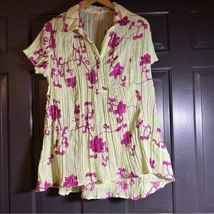 Soft Surroundings Shirt Mint Gauze w/Magenta Embroidery Pleated M (f6